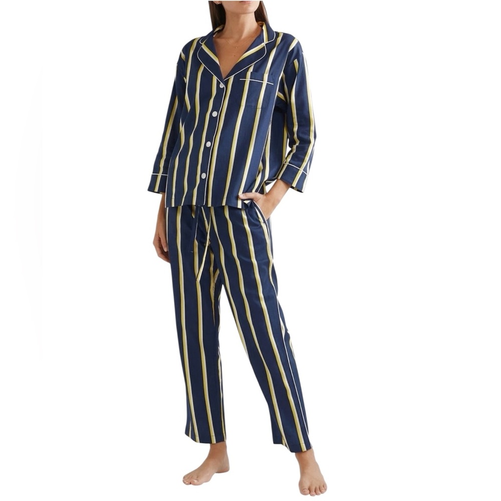 Sleepy Jones Marina Navy, Yellow & White Striped Cotton Pajama Set